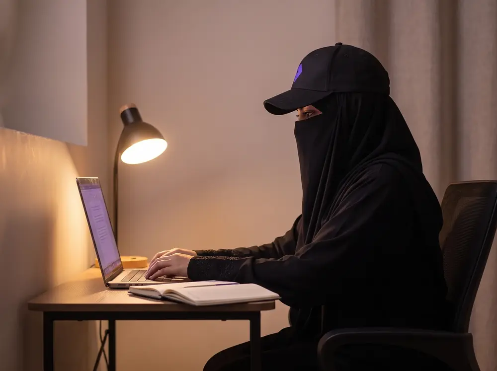 Saba Samir Shaikh working alone at a small home desk.