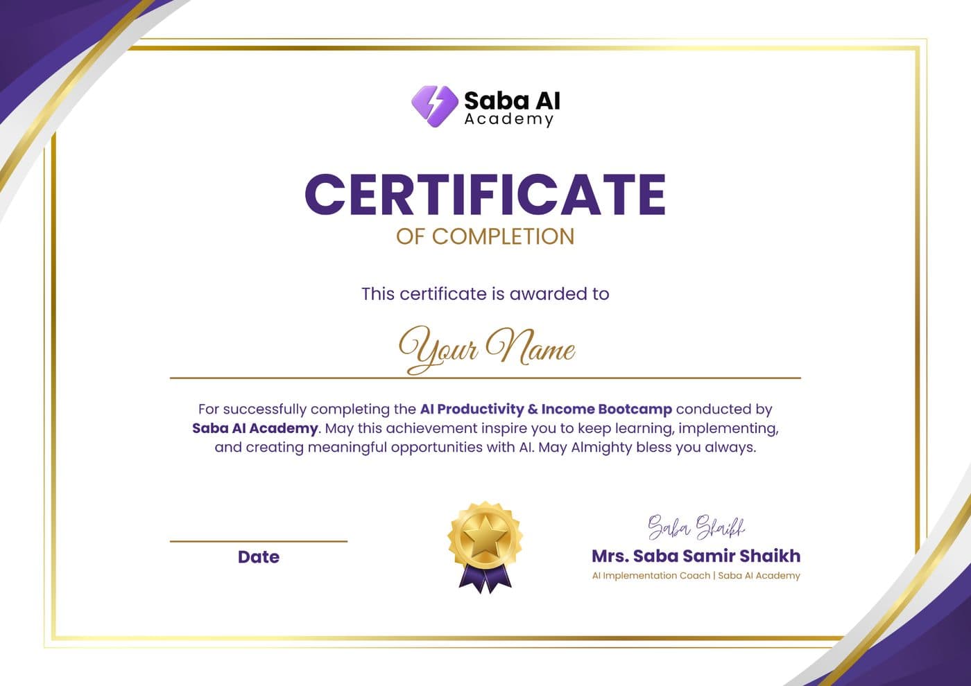 Saba AI Academy certificate of completion for the AI Productivity & Implementation Bootcamp.